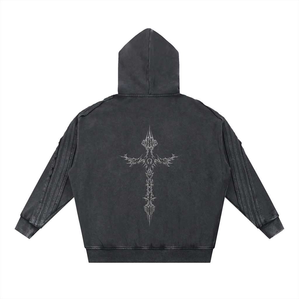 Cross Cybersigilism Snow Washed Tape Raw Edge Reißverschluss-Kapuzenpullover