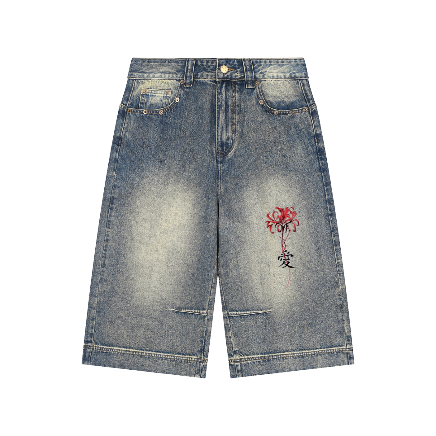 Vintage Baggy Denim-Shorts mit Lycoris-Radiata-Blume
